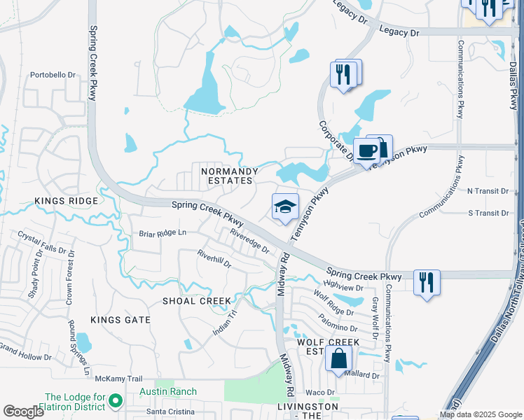 map of restaurants, bars, coffee shops, grocery stores, and more near 6813 Mulhouse Court in Plano