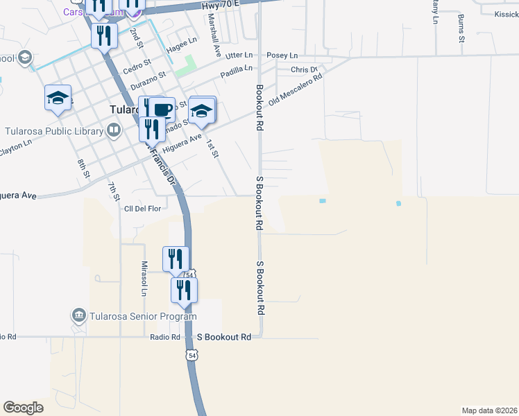map of restaurants, bars, coffee shops, grocery stores, and more near 201-209 S Bookout Rd in Tularosa