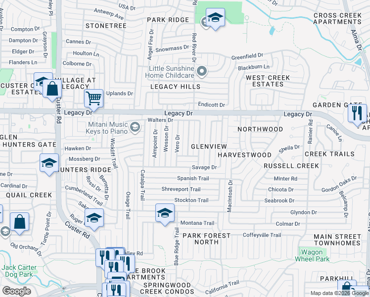 map of restaurants, bars, coffee shops, grocery stores, and more near 6725 Darton Drive in Plano