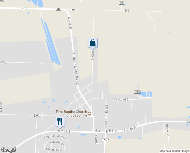 map of restaurants, bars, coffee shops, grocery stores, and more near 206 North Greenville Street in Josephine