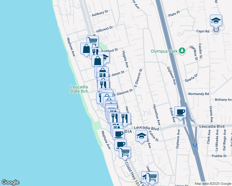 map of restaurants, bars, coffee shops, grocery stores, and more near 142 East Glaucus Street in Encinitas