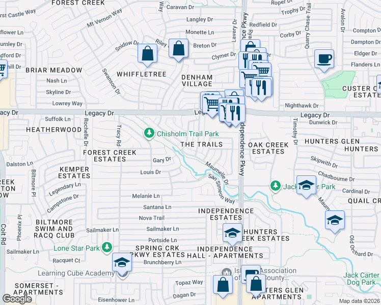 map of restaurants, bars, coffee shops, grocery stores, and more near 3209 Maumelle Drive in Plano