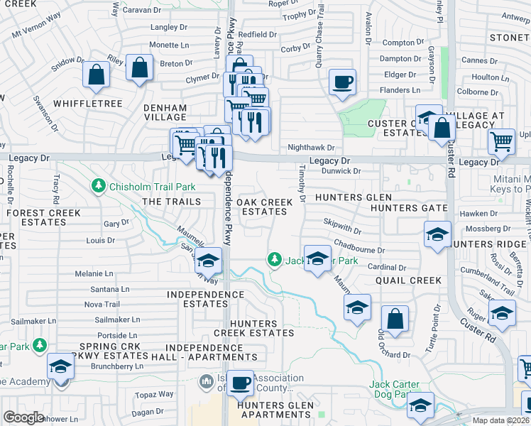 map of restaurants, bars, coffee shops, grocery stores, and more near 2912 Chalfont Lane in Plano