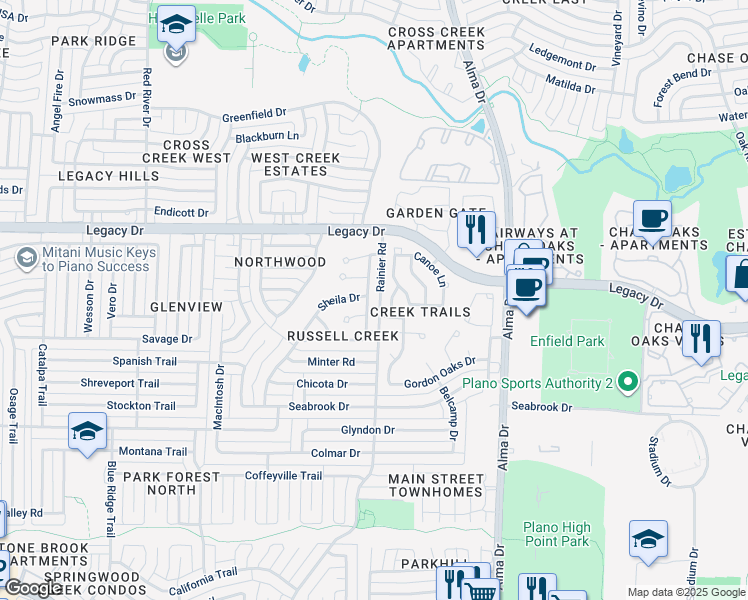 map of restaurants, bars, coffee shops, grocery stores, and more near 6812 Moccasin Drive in Plano