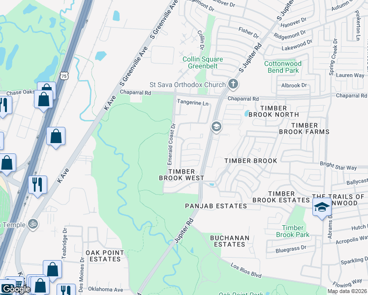 map of restaurants, bars, coffee shops, grocery stores, and more near 7000 Pensacola Drive in Plano