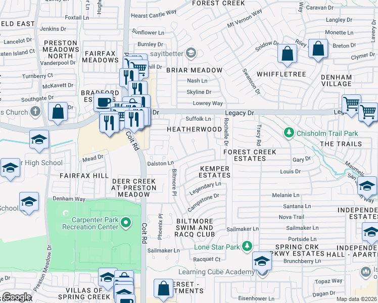 map of restaurants, bars, coffee shops, grocery stores, and more near 6804 Tudor Drive in Plano