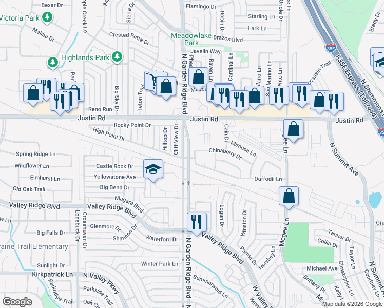 map of restaurants, bars, coffee shops, grocery stores, and more near 1416 Daffodil Lane in Lewisville