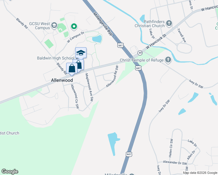 map of restaurants, bars, coffee shops, grocery stores, and more near 128 Allenwood Road Southwest in Milledgeville