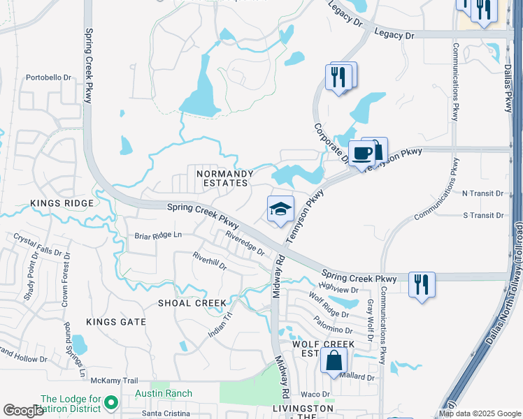map of restaurants, bars, coffee shops, grocery stores, and more near 6813 Mulhouse Court in Plano