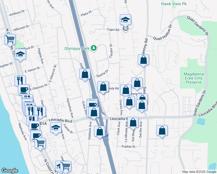 map of restaurants, bars, coffee shops, grocery stores, and more near 712 Normandy Road in Encinitas