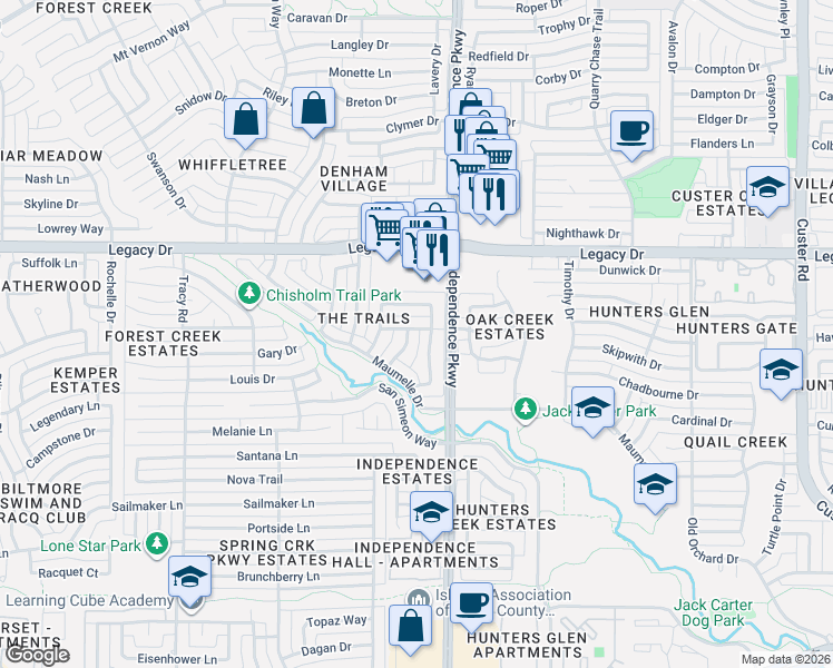 map of restaurants, bars, coffee shops, grocery stores, and more near 6844 Foxhollow Drive in Plano