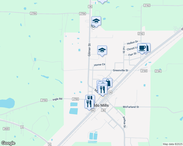 map of restaurants, bars, coffee shops, grocery stores, and more near 2511 Brewster Street in Caddo Mills