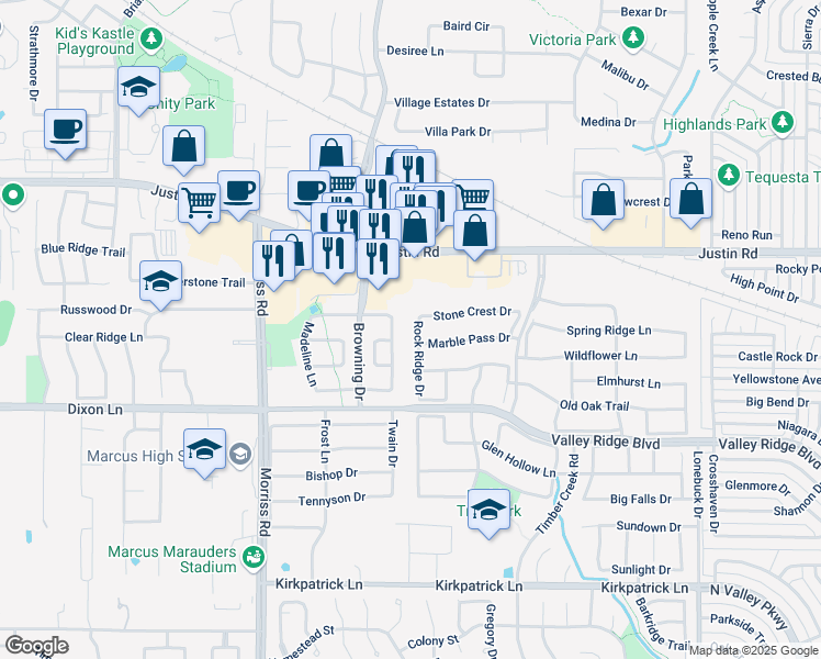 map of restaurants, bars, coffee shops, grocery stores, and more near 6117 Rock Ridge Drive in Flower Mound