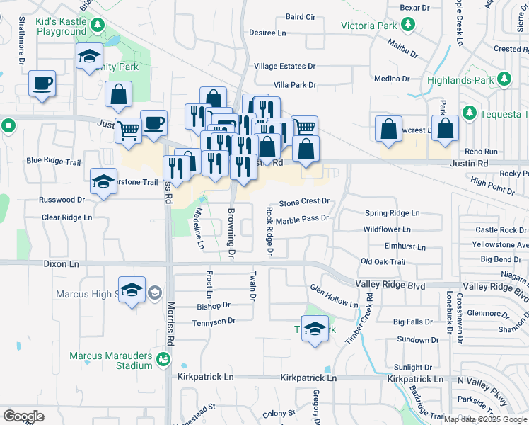 map of restaurants, bars, coffee shops, grocery stores, and more near 6117 Rock Ridge Dr in Flower Mound