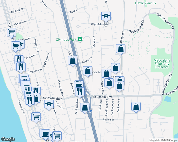 map of restaurants, bars, coffee shops, grocery stores, and more near 684 Normandy Road in Encinitas