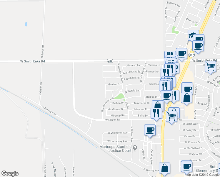 map of restaurants, bars, coffee shops, grocery stores, and more near 45400 Paitilla Lane in Maricopa