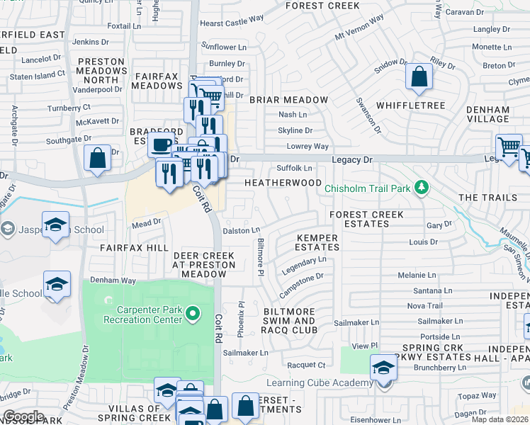 map of restaurants, bars, coffee shops, grocery stores, and more near 6836 Century Circle in Plano