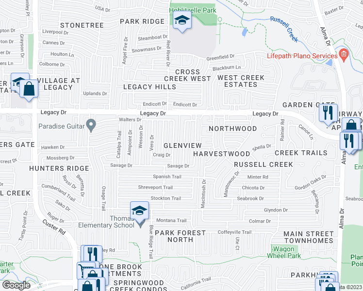 map of restaurants, bars, coffee shops, grocery stores, and more near 6729 Laramie Drive in Plano
