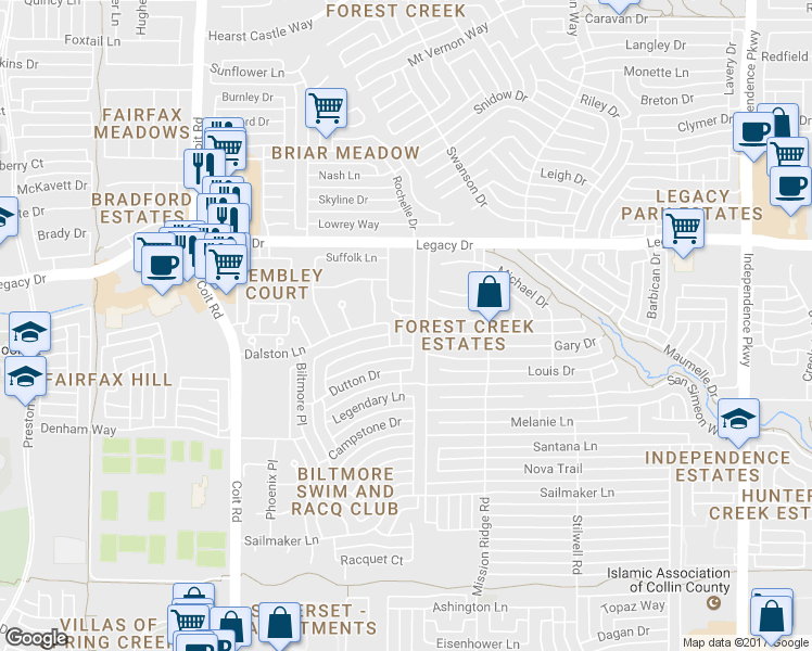 map of restaurants, bars, coffee shops, grocery stores, and more near 6829 Rochelle Drive in Plano