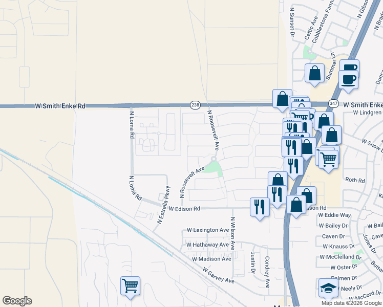map of restaurants, bars, coffee shops, grocery stores, and more near 45430 West Paitilla Lane in Maricopa