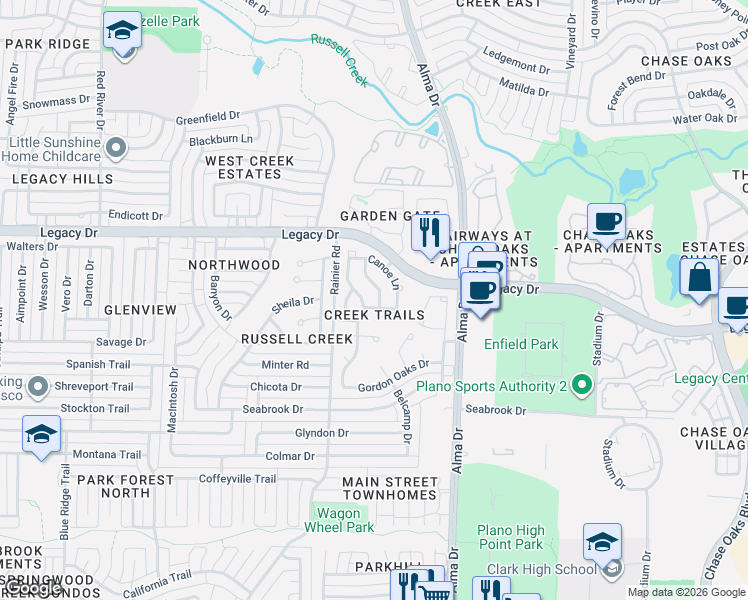 map of restaurants, bars, coffee shops, grocery stores, and more near 6809 Hickory Creek in Plano