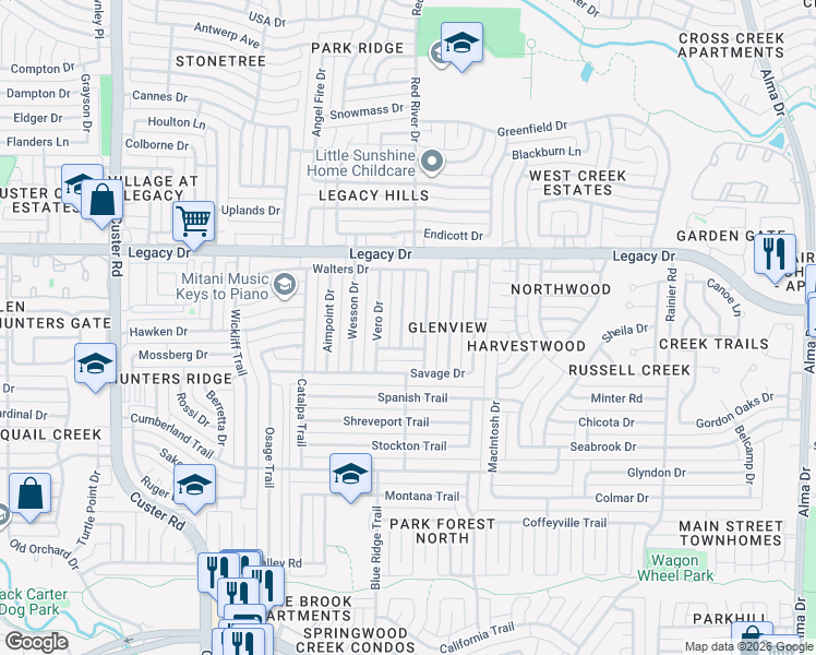 map of restaurants, bars, coffee shops, grocery stores, and more near 6725 Darton Drive in Plano