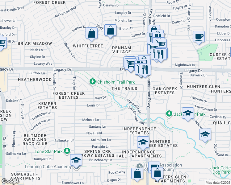 map of restaurants, bars, coffee shops, grocery stores, and more near 3209 Maumelle Drive in Plano