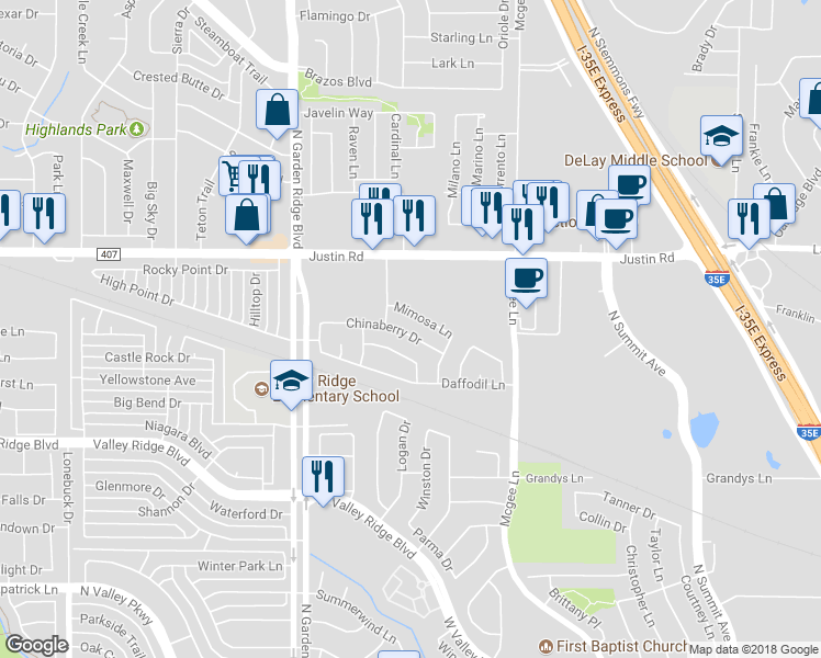 map of restaurants, bars, coffee shops, grocery stores, and more near 1383 Chinaberry Drive in Lewisville