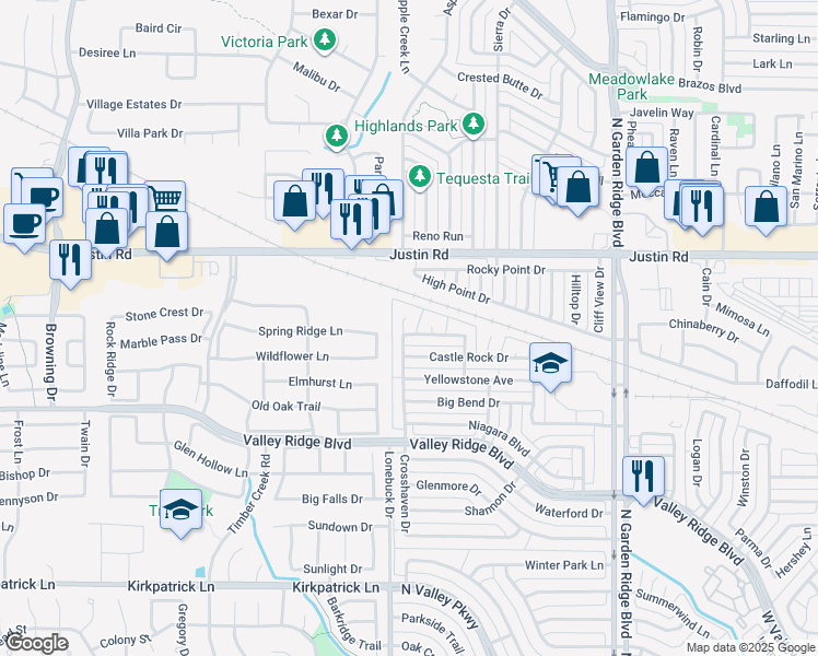 map of restaurants, bars, coffee shops, grocery stores, and more near 1849 Crosshaven Drive in Lewisville