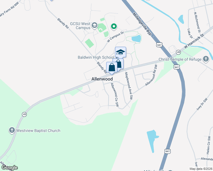 map of restaurants, bars, coffee shops, grocery stores, and more near 101 White Oak Lane Southwest in Milledgeville