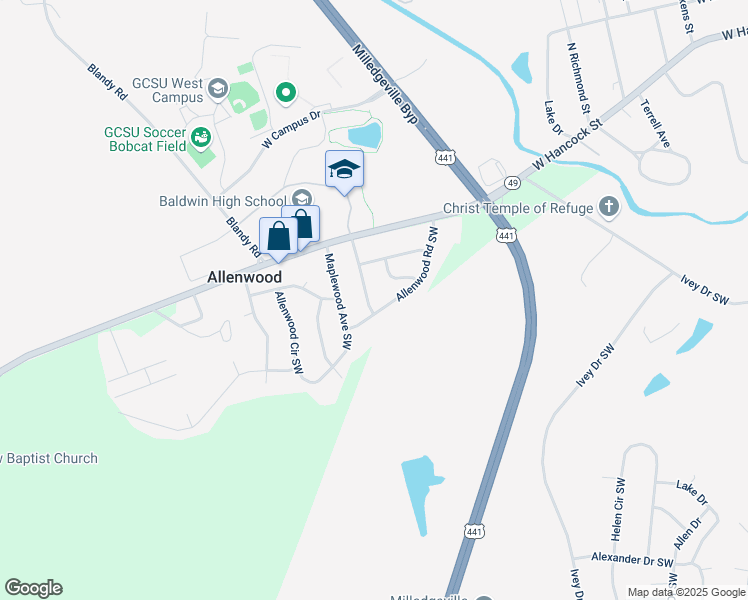map of restaurants, bars, coffee shops, grocery stores, and more near 114 Sycamore Road Southwest in Milledgeville