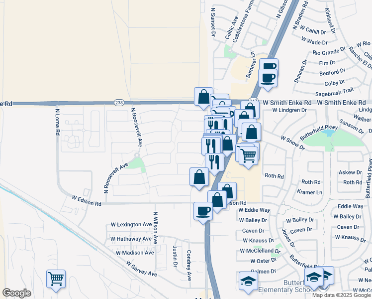 map of restaurants, bars, coffee shops, grocery stores, and more near 44856 Paitilla Lane in Maricopa