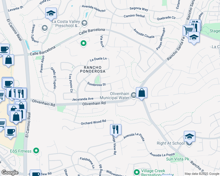 map of restaurants, bars, coffee shops, grocery stores, and more near 2812 El Rastro Lane in Carlsbad