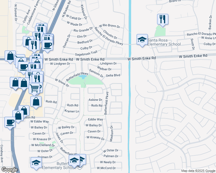 map of restaurants, bars, coffee shops, grocery stores, and more near 20828 North Madison Drive in Maricopa