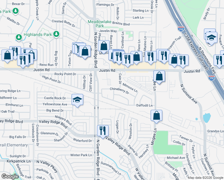 map of restaurants, bars, coffee shops, grocery stores, and more near 1814 Sunflower Lane in Lewisville