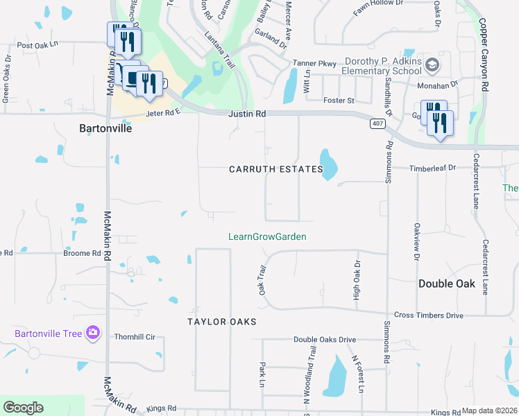 map of restaurants, bars, coffee shops, grocery stores, and more near 124 West Carruth Lane in Double Oak