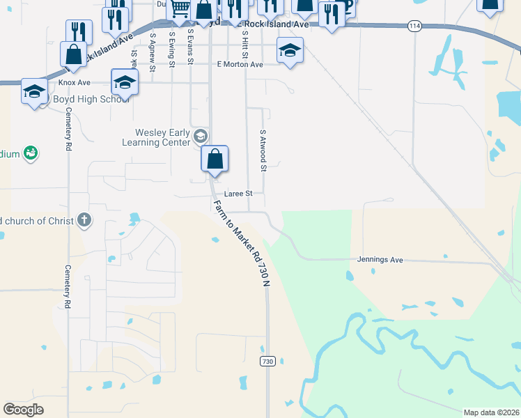 map of restaurants, bars, coffee shops, grocery stores, and more near 209 County Road in Boyd
