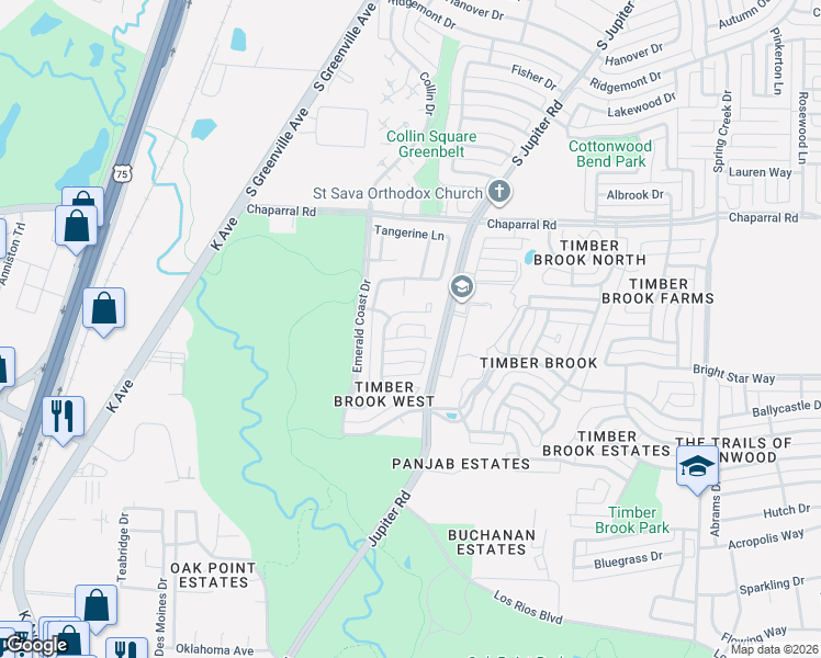 map of restaurants, bars, coffee shops, grocery stores, and more near 2817 Gulf Breeze Court in Plano