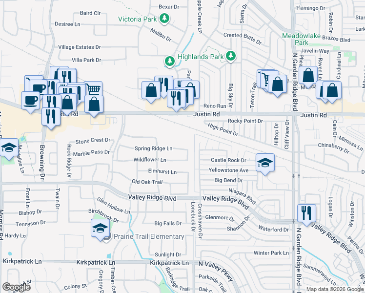 map of restaurants, bars, coffee shops, grocery stores, and more near 1208 Spring Ridge Lane in Flower Mound