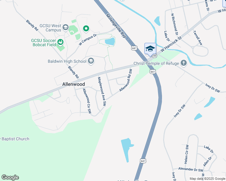 map of restaurants, bars, coffee shops, grocery stores, and more near 114 Sycamore Road Southwest in Milledgeville