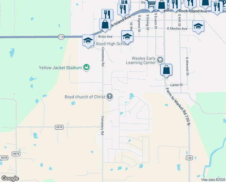 map of restaurants, bars, coffee shops, grocery stores, and more near 516 Woodland Park Drive in Boyd