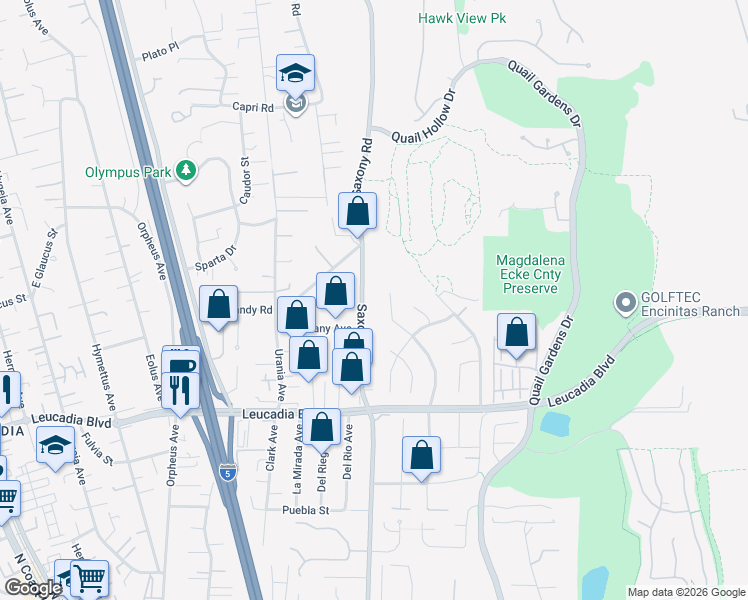 map of restaurants, bars, coffee shops, grocery stores, and more near 1111 Saxony Road in Encinitas