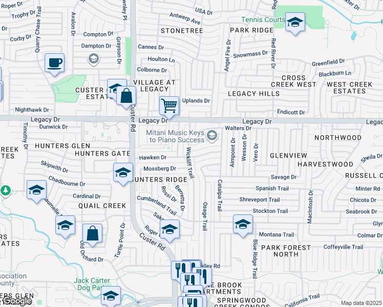 map of restaurants, bars, coffee shops, grocery stores, and more near 1945 Hawken Drive in Plano