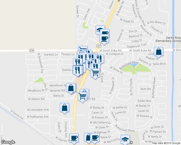 map of restaurants, bars, coffee shops, grocery stores, and more near 20975 N John Wayne Pkwy in Maricopa