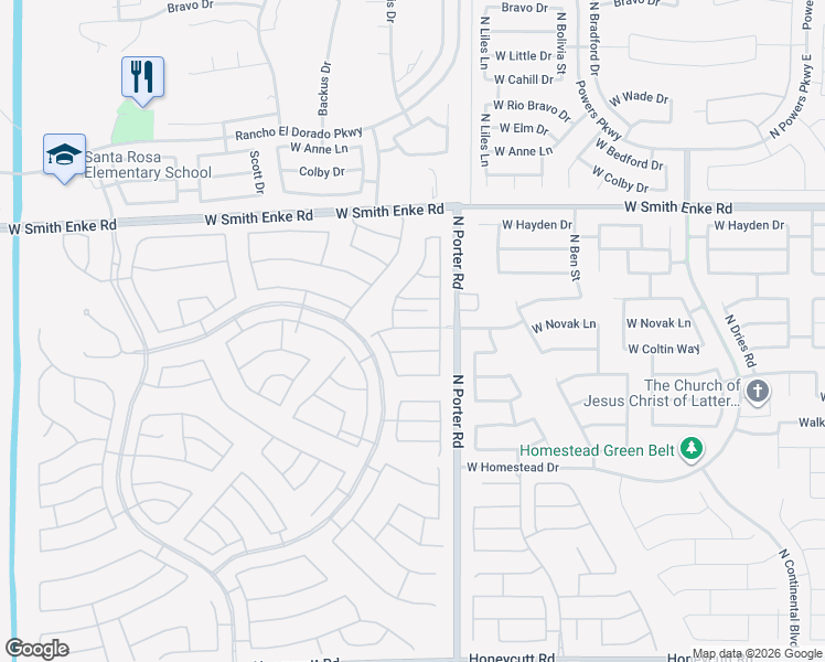 map of restaurants, bars, coffee shops, grocery stores, and more near Friendly Place in Maricopa