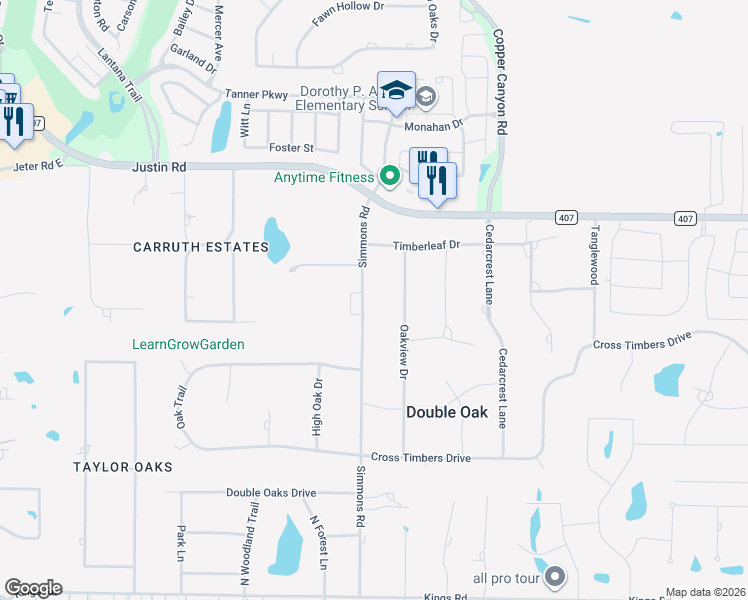 map of restaurants, bars, coffee shops, grocery stores, and more near 341 Oakview Drive in Lewisville
