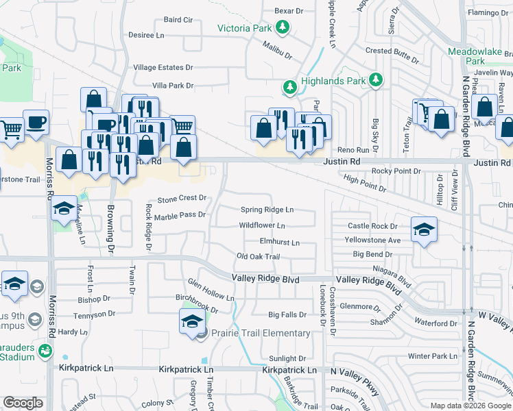 map of restaurants, bars, coffee shops, grocery stores, and more near 1404 Spring Ridge Lane in Flower Mound