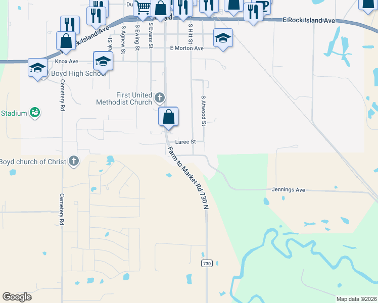 map of restaurants, bars, coffee shops, grocery stores, and more near 608 South Hitt Street in Boyd