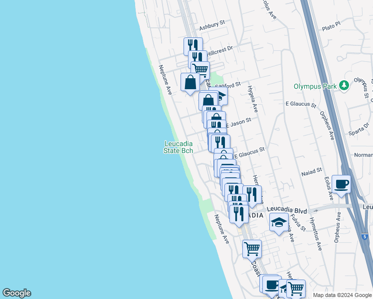 map of restaurants, bars, coffee shops, grocery stores, and more near 1220 Neptune Avenue in Encinitas
