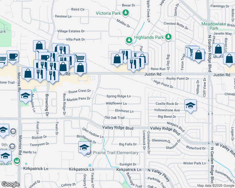 map of restaurants, bars, coffee shops, grocery stores, and more near 1404 Spring Ridge Lane in Flower Mound